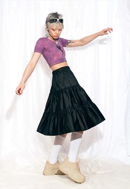 Vintage Tiered Skirt 80s Cottagecore Midi in Black