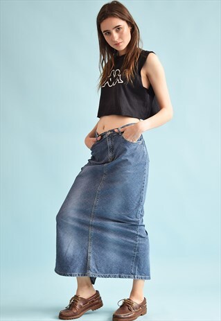 90'S RETRO DENIM REGULAR WAIST STONEWASH MOM'S MAXI SKIRT