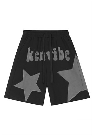 KEN SLOGAN BOARD SHORTS STAR PATCH SKATER PANTS IN BLACK