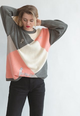 VINTAGE 80S FUNKY OVERSIZED WARM JUMPER IN ABSTRACT PATTERN