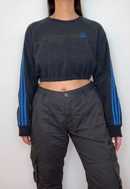 Reworked Vintage Adidas Grey Blue Cropped Sweatshirt