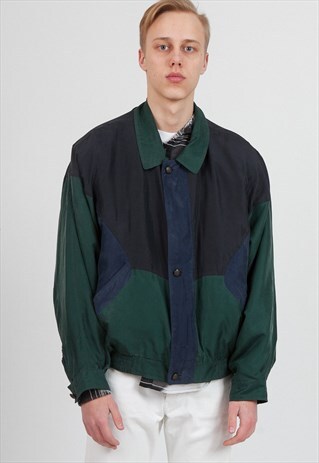 VINTAGE GREEN NAVY SILK BOMBER JACKET