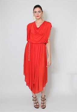 70's Ladies Vintage Dress Red Slinky Grecian Style Midi