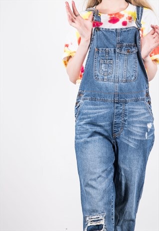 VINTAGE BLUE DENIM RIPPED DUNGAREES