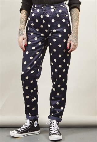 VINTAGE 90'S BC.J SATIN NAVY POLKA DOT TROUSERS