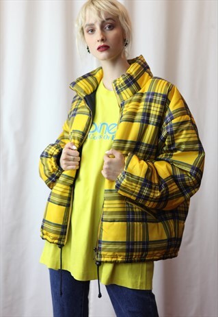 VINTAGE 90'S OVERSIZE CHECK PUFFER JACKET IN YELLOW