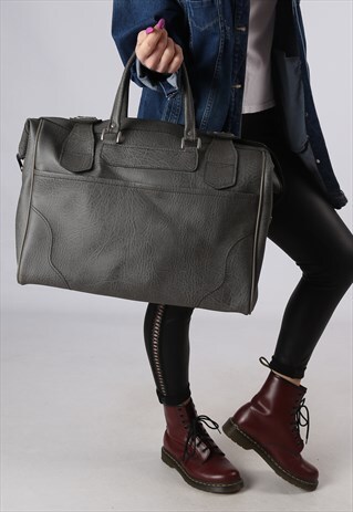 VINTAGE LARGE WEEKEND HOLDALL LEATHER BAG GREY (A4D)