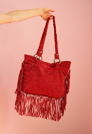 VINTAGE FRINGE SUEDE LEATHER SHOULDER BAG IN CHERRY