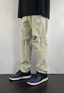 Reworked Levis Rip Paint Jeans Mens Tanned Distressed Jeans