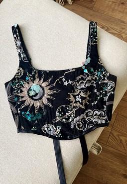 Handmade universe corset embellished cosmic star, sun & moon