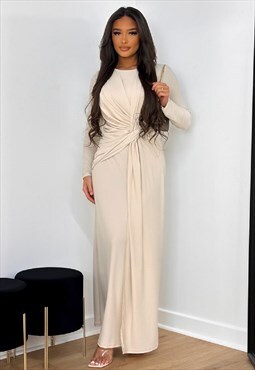 Beige Long Sleeve Knot Detail Maxi Dress