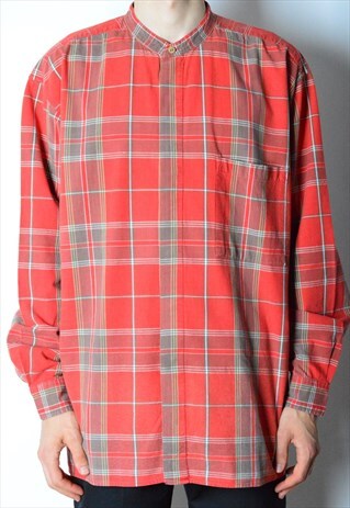 VINTAGE 90S RED GREY CHECK COLLARLESS SHIRT