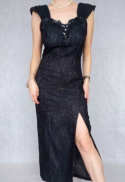 Vintage Black Lace Cocktail Dress with a Bow, Small Size