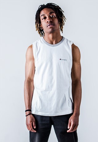 VINTAGE 90S CHAMPION TANK TOP IN WHITE WITH GREY COLLAR