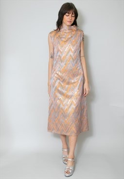60's Sleeveless Vintage Brocade Gold Lurex Peach Midi Dress