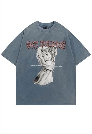 Angel print t-shirt Gothic slogan tee grunge top acid blue