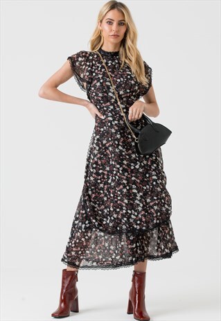 HIGH NECK LACE TRIM MIDI DRESS IN BLACK FLORAL