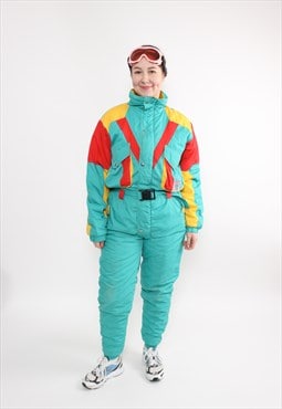 80s one piece ski suit, vintage multicolour snowsuit