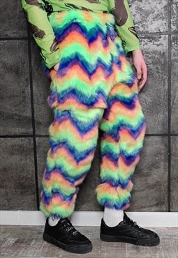 Faux fur rainbow joggers premium fleece detachable pants 