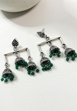 Angular Chandelier Earrings Silver with Green