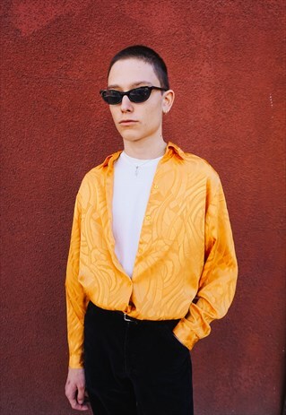 VINTAGE EMBOSSED FLORAL PATTERNED BRIGHT YELLOW SHIRT