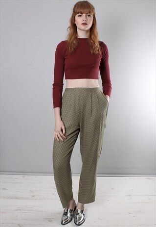 VINTAGE 90S GREEN PATTERNED HIGH WAIST PLEAT FRONT TROUSERS
