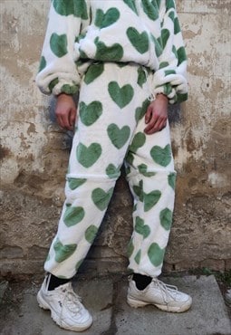 Heart fleece joggers handmade love print 2 in 1 overalls