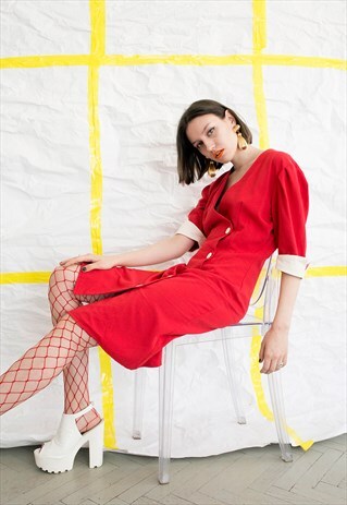 VINTAGE 80S RED BUTTON UP MIDI DRESS