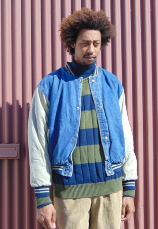 90S MINIMALIST GRUNGE SKATER DENIM BASEBALL BOMBER LARGE