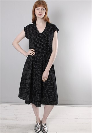 VINTAGE 60S BLACK PATTERNED SUMMER MIDI DRESS