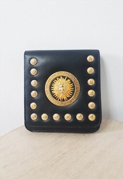 Versace Inspired Black Leather Gold Crossbody Bag