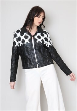 80's Black Vintage Ladies Jacket Black White Soft Leather
