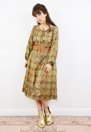 VINTAGE COLOURFUL BOHO PRINT SILK MIDI DRESS