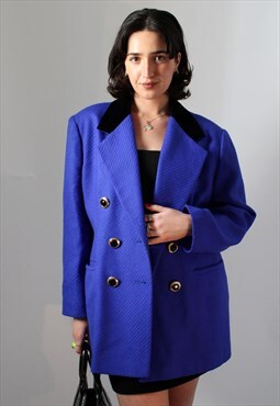 Vintage Royal Blue Tweed & Velvet Collar Blazer -UK14