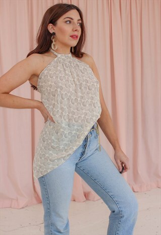 VINTAGE 90S CHIFFON ASYMMETRIC TOP WITH CIRCLE PRINT