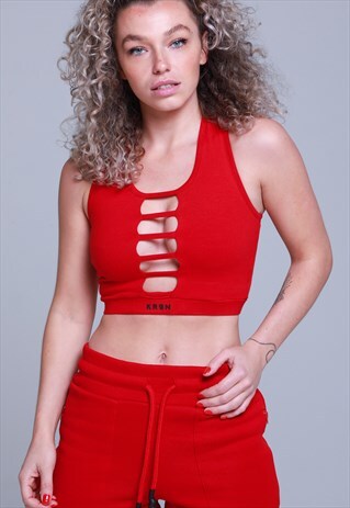 RED FITTED CROP TOP WITH LOGO
