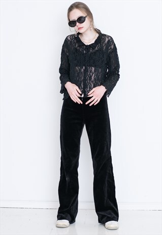 VINTAGE BLACK SEE THROUGH PATTERNED LONG SLEEVE RETRO SHIRT