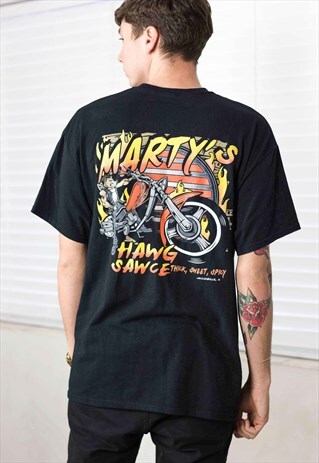 VINTAGE MARTY'S HAWG SAWCE BIKER T-SHIRT LOGO 90S XL 8.2