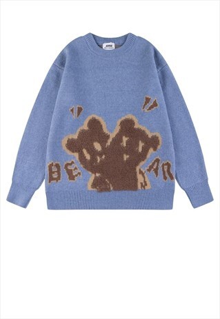 COUPLE SWEATER BEAR PATCH KNIT JUMPER CHRISTMAS TOP IN BLUE