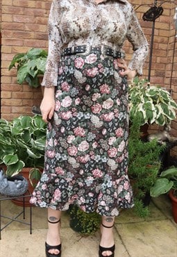 Vintage 90s Grey Cottage Floral Flower Festival Midi Skirt