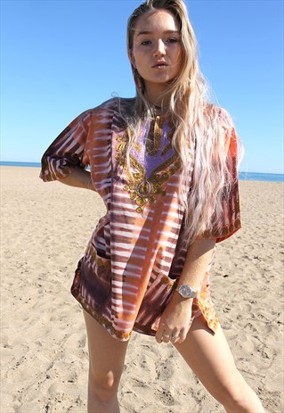 LILAC & ORANGE TIE DYE KAFTAN SHORT SLEEVED TOP