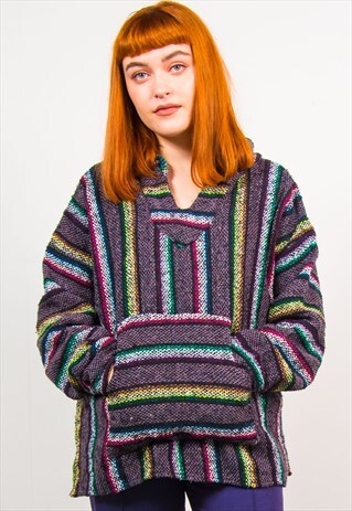 VINTAGE 90'S MULTICOLOUR STRIPED PATTERN BAJA HOODIE JUMPER
