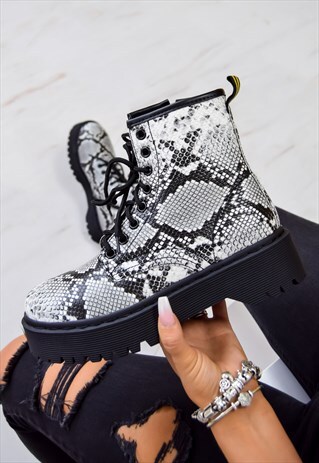 CHUNKY PLATFORM LACE UP ANKLE BOOTS - SNAKE PRINT