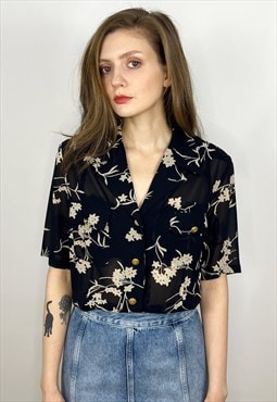 Black Button Up Sheer Chiffon Floral Blouse