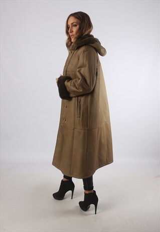 VINTAGE SHEEPSKIN LEATHER SHEARLING COAT MID HOODED (D93J)
