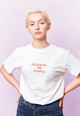 ALLERGIC TO PEOPLE WHITE SLOGAN T-SHIRT