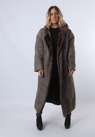 SHEEPSKIN SHEARLING SUEDE LONG COAT HOODED UK 16 (F94S)
