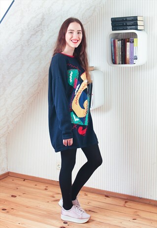 NAVY KNITTED LONG VINTAGE JUMPER WITH APPLICATIONS
