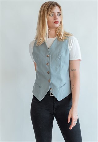 VINTAGE 80S MINIMAL SKY BLUE VEST WITH GOLDEN BUTTONS