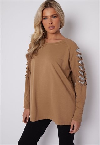 JUSTYOUROUTFIT CAMEL SEQUINNED SLEEVE T-SHIRT